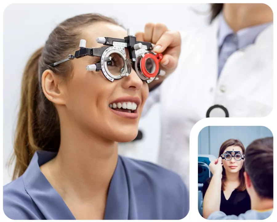 Patient having a vision test with a trial frame at Satvik Eye Care